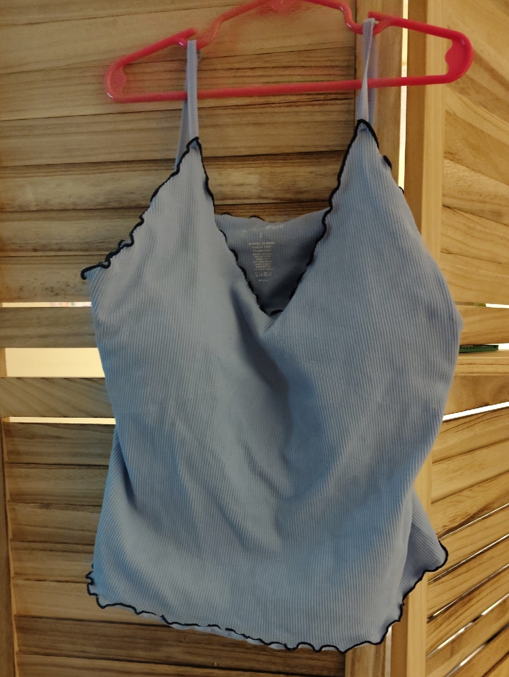 Light Blue Ribbed V-Neck Cami Tank with Black Lettuce Trim